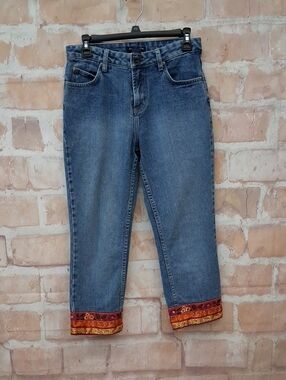 Boston Proper Blue Cropped Jeans with Red-Orange Embroidered Cuffs